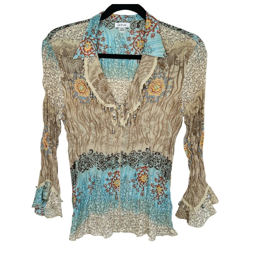 Y2k Boho Beaded Sequin Fairy Top Small Crepe Festival Floral Indie Lace Metallic